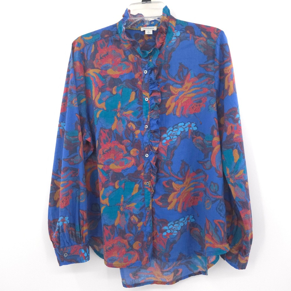 Sundance Floral Ruffle Blouse Womens Large Blue Cotton Button Up‎ Long Sleeve